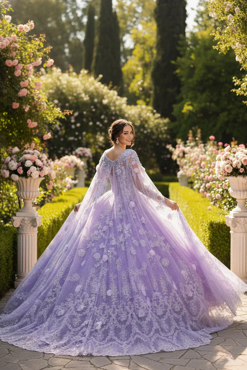 Serafina Elegant Ball Gown Off-the-shoulder Quinceañera Dress With Lace and 3D Floral in Purple - product view