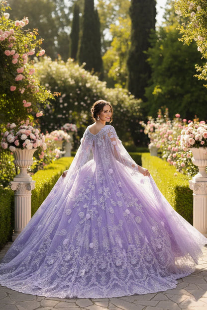Serafina Elegant Ball Gown Off-the-shoulder Quinceañera Dress With Lace and 3D Floral in Purple - product view