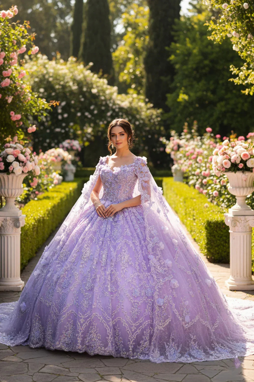 Serafina Elegant Ball Gown Off-the-shoulder Quinceañera Dress With Lace and 3D Floral in Purple - product view