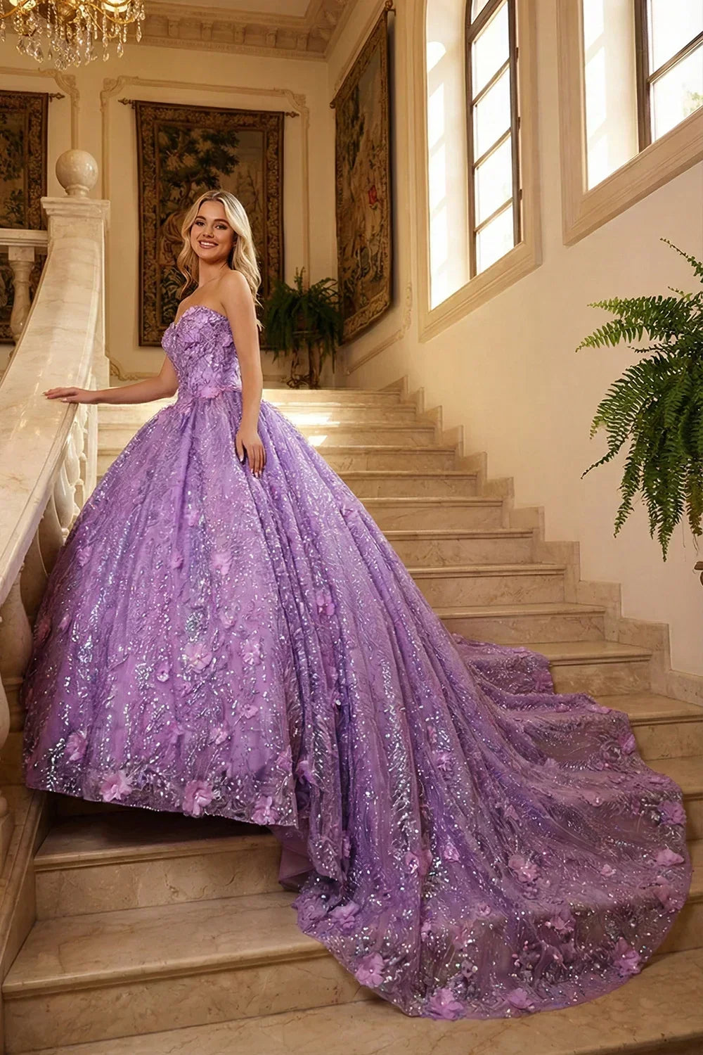 Violeta Elegant Ball Gown Strapless Quinceañera Dress With Floral Embroidery and Sequin in Purple - product view