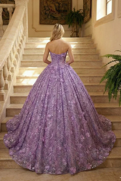 Violeta Elegant Ball Gown Strapless Quinceañera Dress With Floral Embroidery and Sequin in Purple - product view