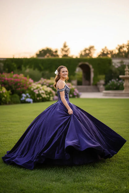 Luna Elegant Lace Ball Gown Cold Shoulder Quinceañera Dress With Sparkle in Purple - product view