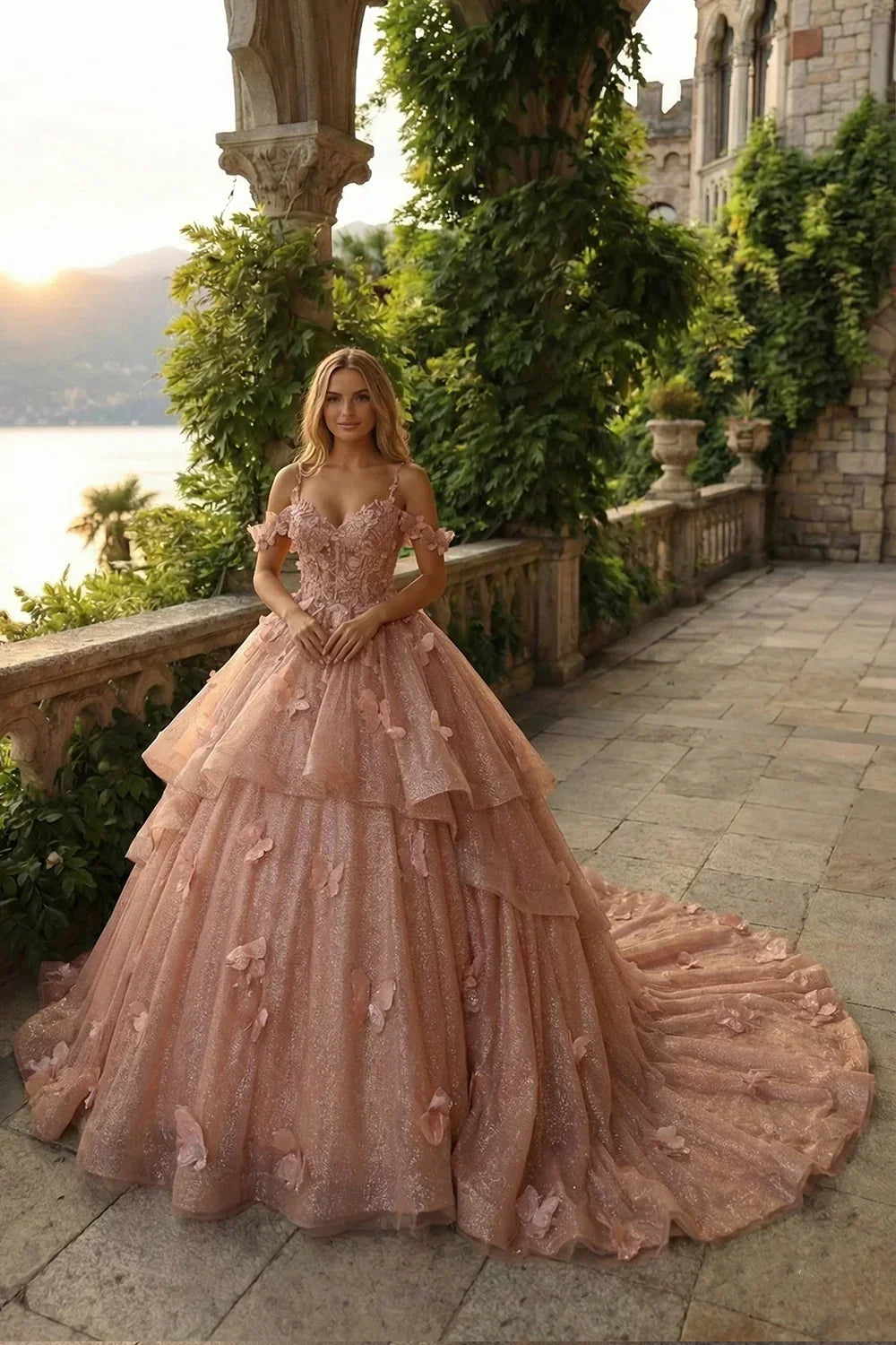 Camila Exquisite Ball Gown V Neck Ruffled Tulle Long Quinceañera Dress With Beading And Appliques in Pink - product view