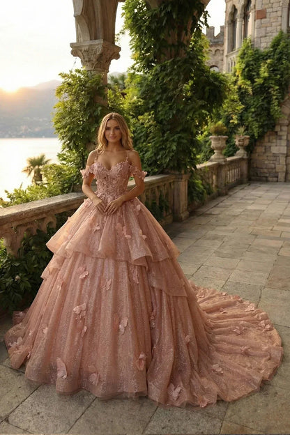 Camila Exquisite Ball Gown V Neck Ruffled Tulle Long Quinceañera Dress With Beading And Appliques in Pink - product view