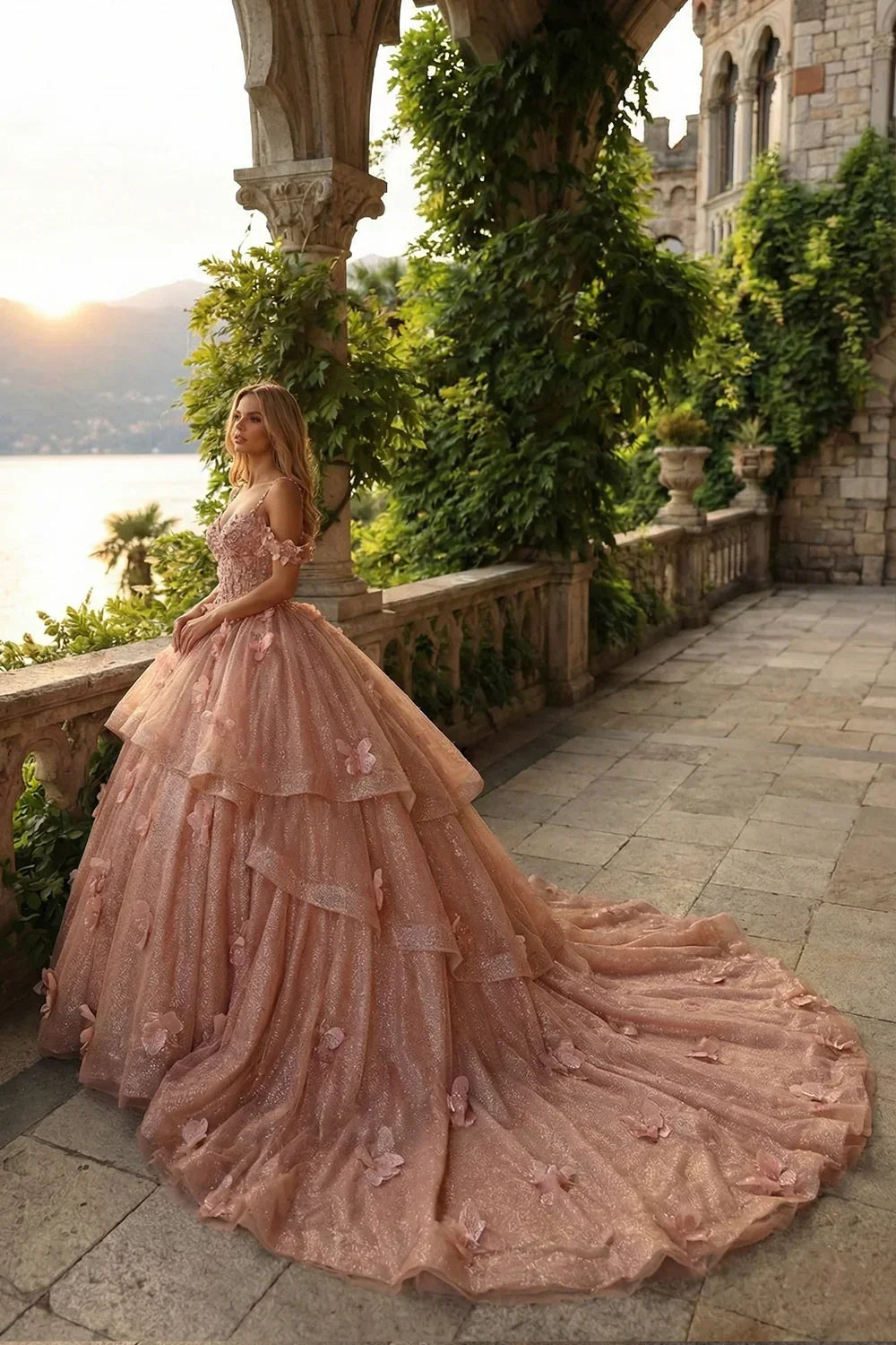 Camila Exquisite Ball Gown V Neck Ruffled Tulle Long Quinceañera Dress With Beading And Appliques in Pink - product view
