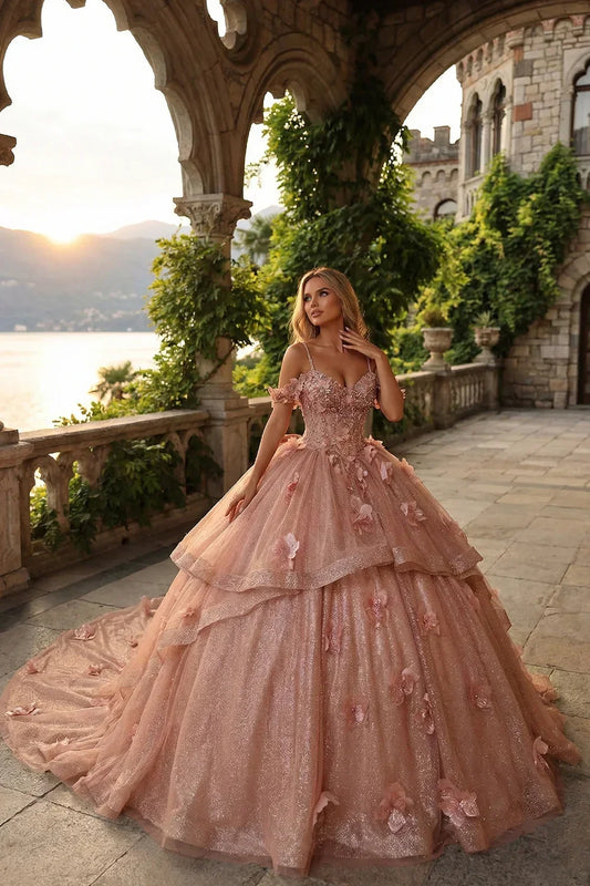 Camila Exquisite Ball Gown V Neck Ruffled Tulle Long Quinceañera Dress With Beading And Appliques in Pink - product view