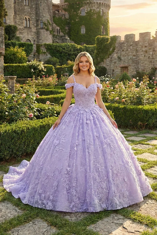 Isabella Exquisite Ball Gown V Neck Tulle Long Quinceañera Dress With Appliques And Bow in Purple - product view