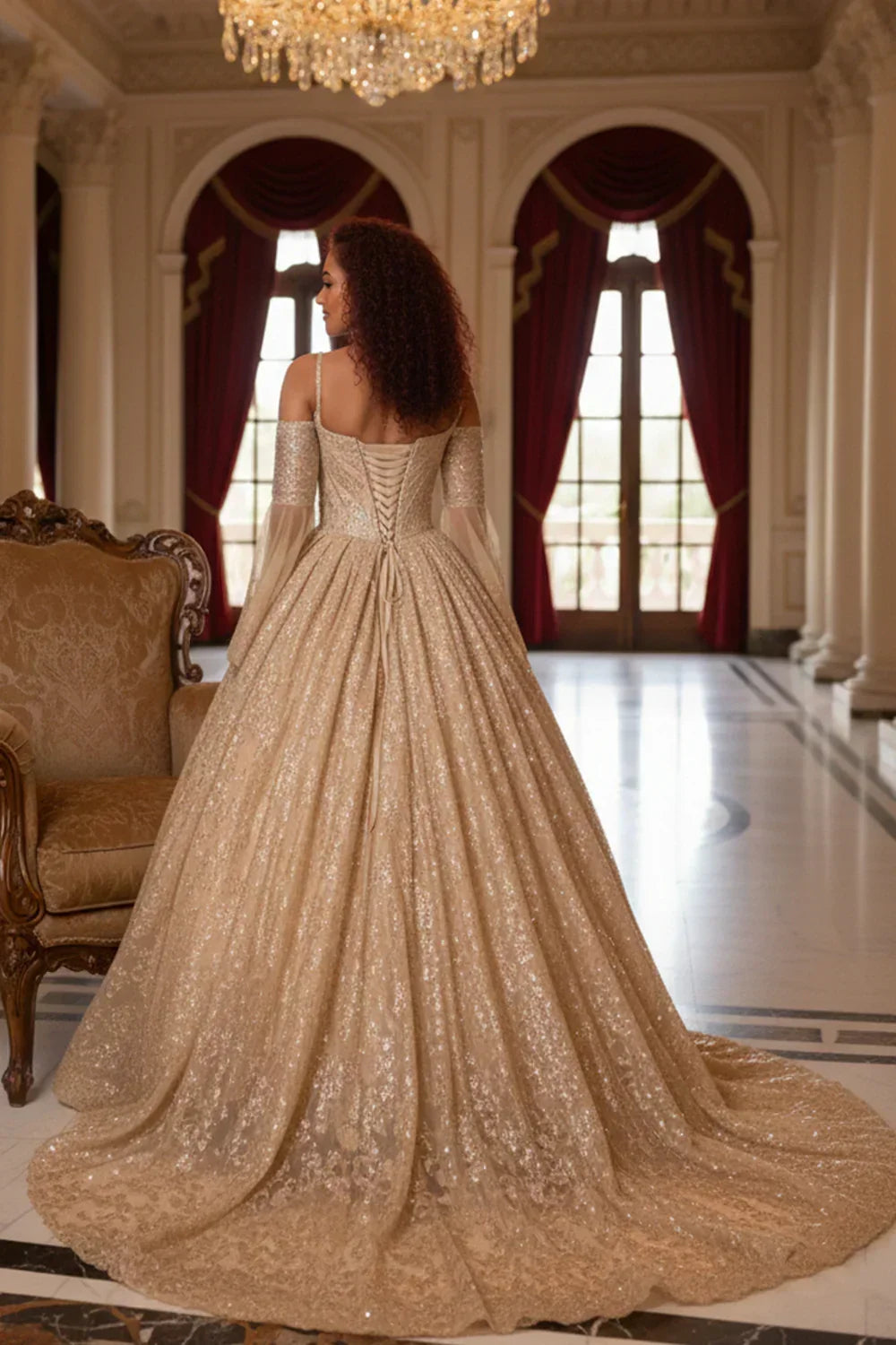 Solana Glittery Ball Gown Cold Shoulder Quinceañera Dress With Sheer Sleeves - product view