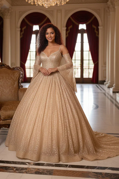 Solana Glittery Ball Gown Cold Shoulder Quinceañera Dress With Sheer Sleeves - product view