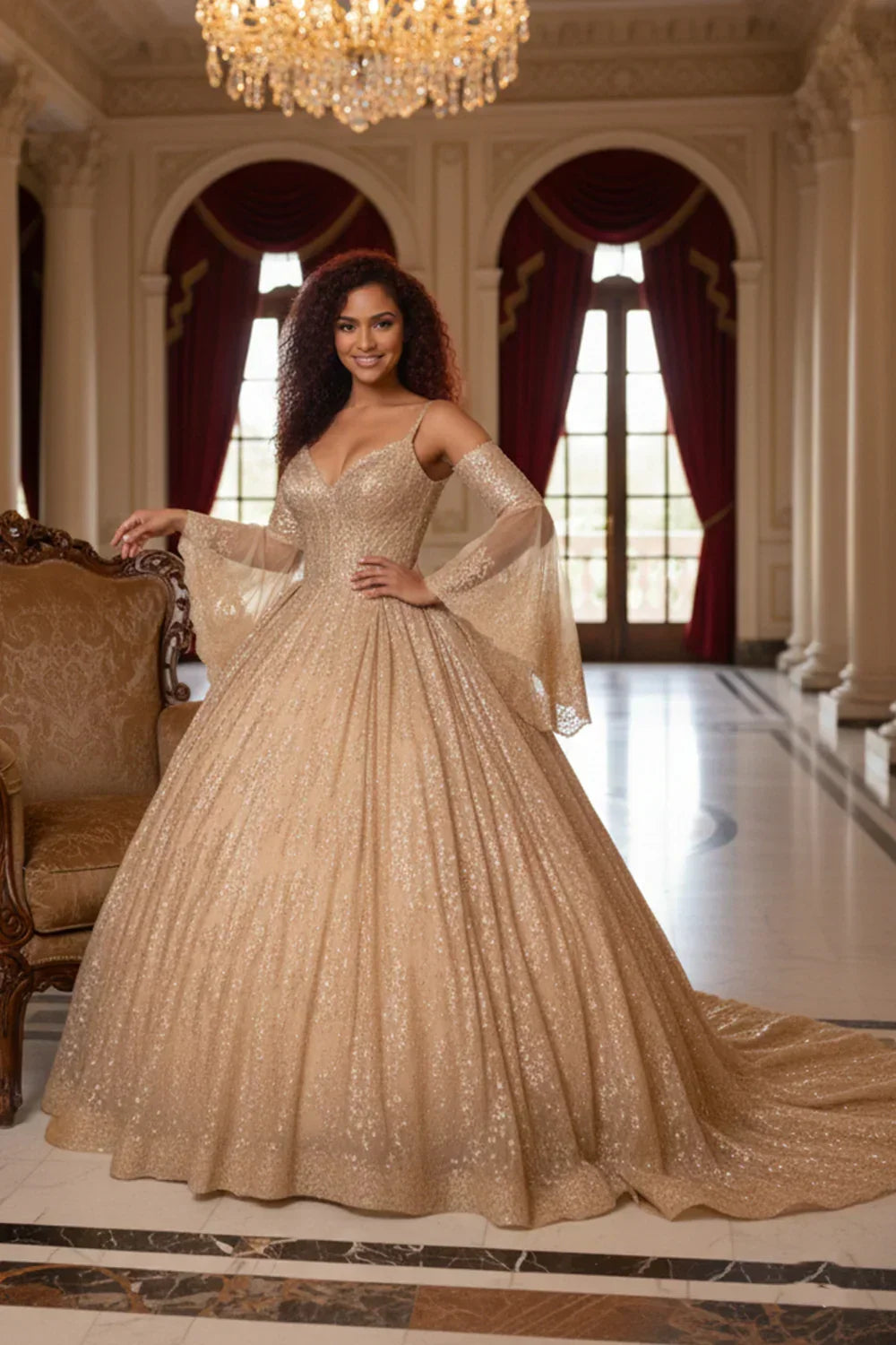 Solana Glittery Ball Gown Cold Shoulder Quinceañera Dress With Sheer Sleeves - product view