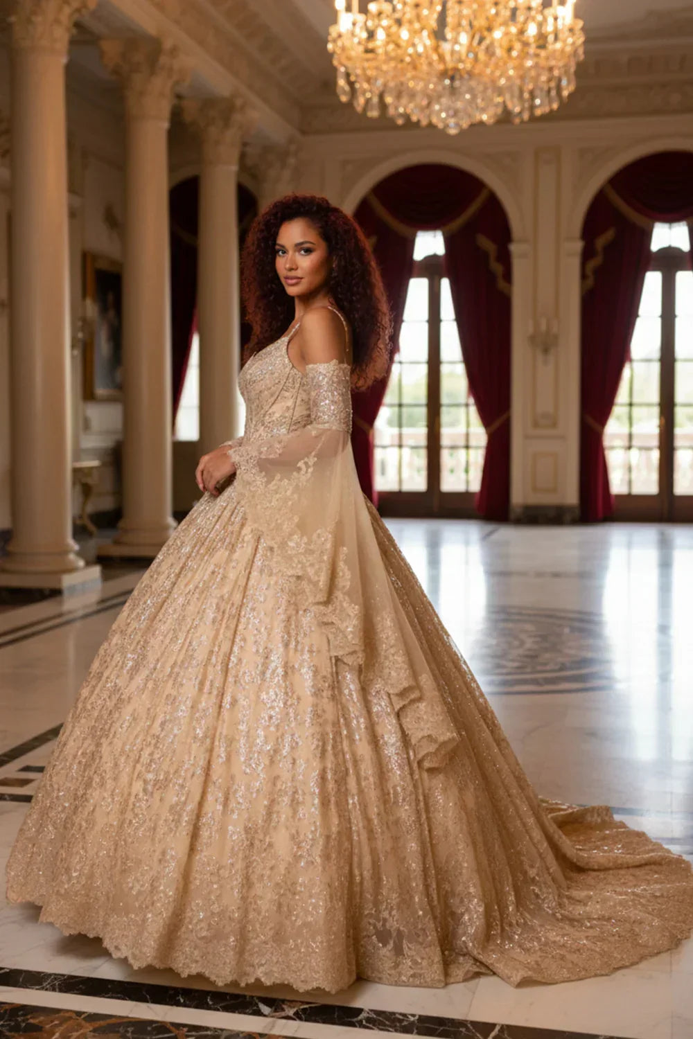 Solana Glittery Ball Gown Cold Shoulder Quinceañera Dress With Sheer Sleeves - product view