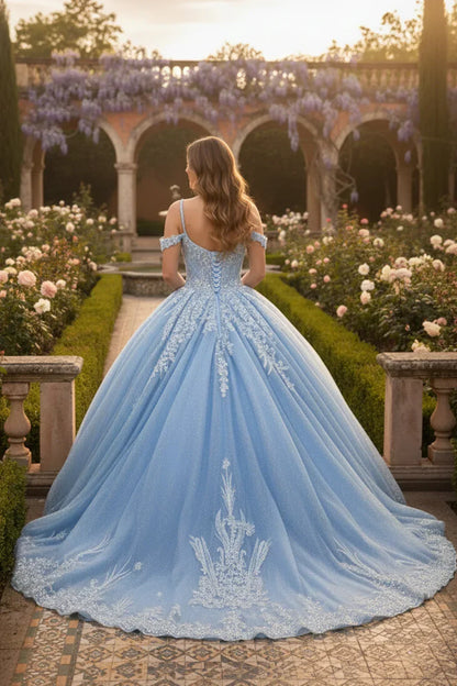 Adriana Intricate Lace Ball Gown Off-the-shoulder Quinceañera Dress With Embroidery in Blue - product view