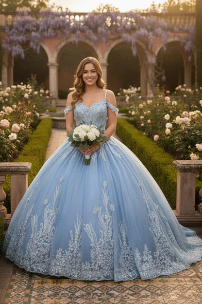 Adriana Intricate Lace Ball Gown Off-the-shoulder Quinceañera Dress With Embroidery in Blue - product view