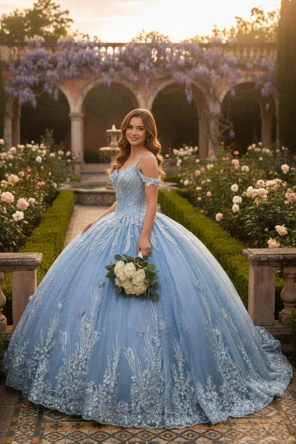 Adriana Intricate Lace Ball Gown Off-the-shoulder Quinceañera Dress With Embroidery in Blue - product view