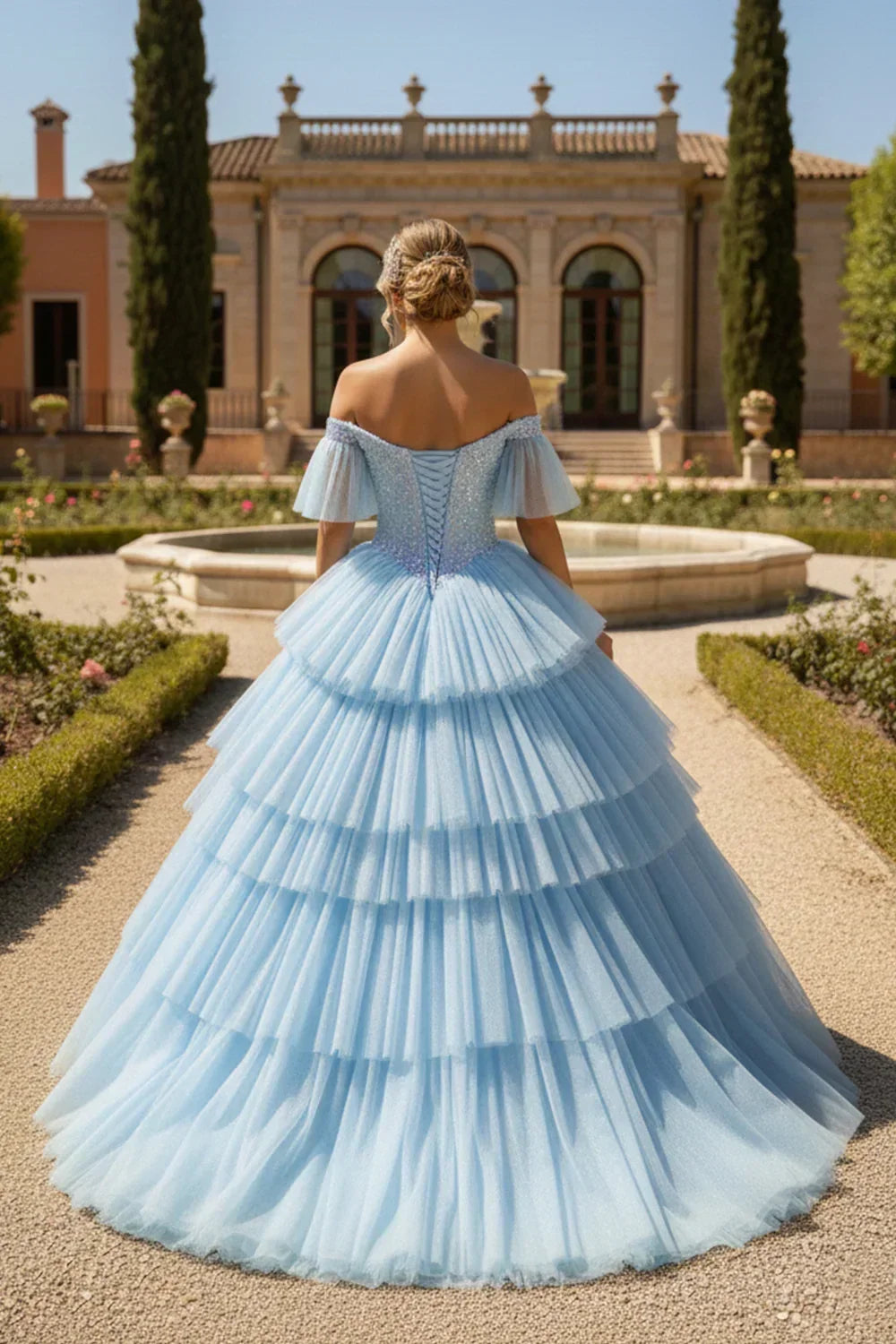 Aurora Layered Ruffle Ball Gown Off-the-shoulder Quinceañera Dress With Glitter in Blue - product view