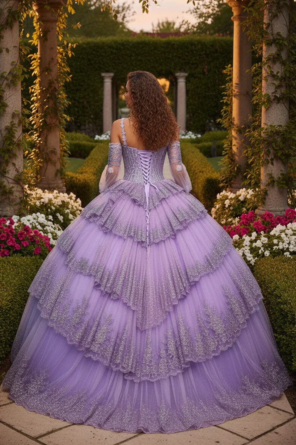 Dulcinea Layered Ruffled Ball Gown Cold Shoulder Quinceañera Dress With Embroidery in Purple - product view