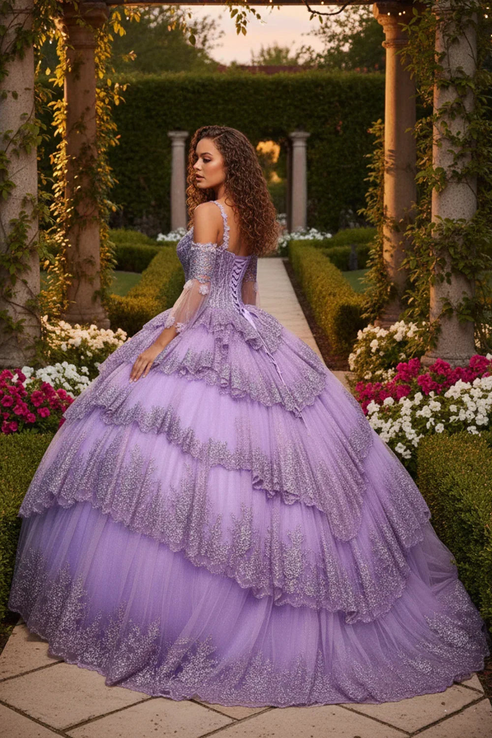 Dulcinea Layered Ruffled Ball Gown Cold Shoulder Quinceañera Dress With Embroidery in Purple - product view