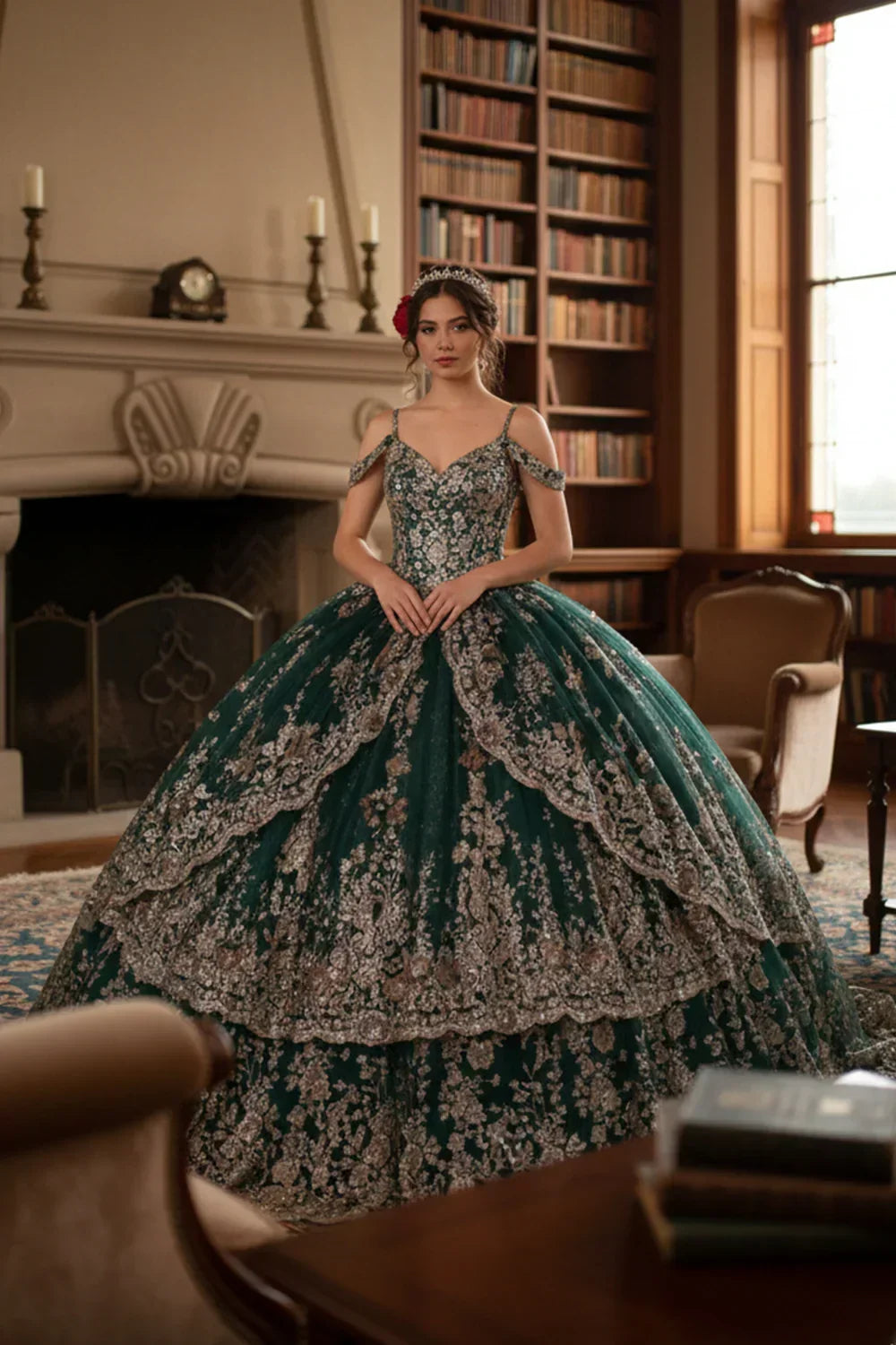 Esperanza Luxurious Ball Gown Cold Shoulder Quinceañera Dress With Glitter Lace - product view