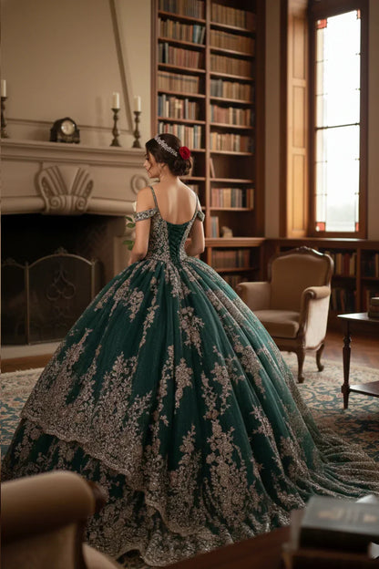 Esperanza Luxurious Ball Gown Cold Shoulder Quinceañera Dress With Glitter Lace - product view
