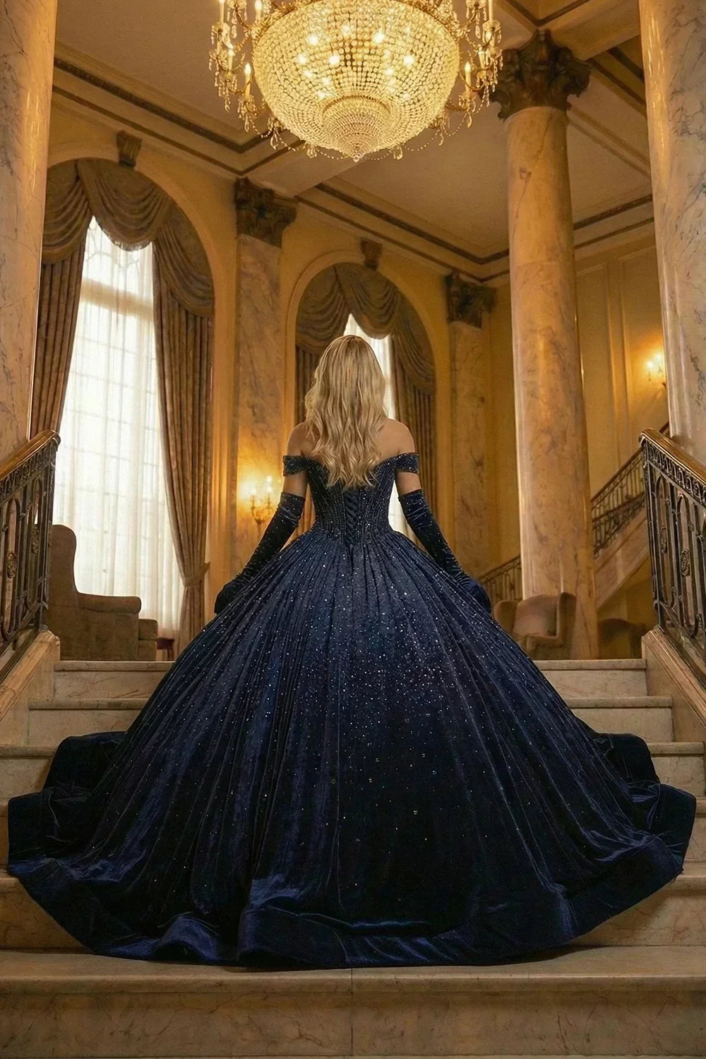 Lucero Luxurious Ball Gown Off-the-shoulder Quinceañera Dress With Glitter & Velvet in Blue - product view
