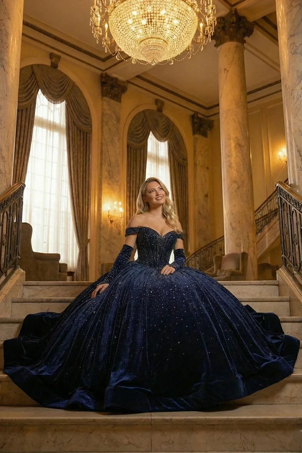 Lucero Luxurious Ball Gown Off-the-shoulder Quinceañera Dress With Glitter & Velvet in Blue - product view