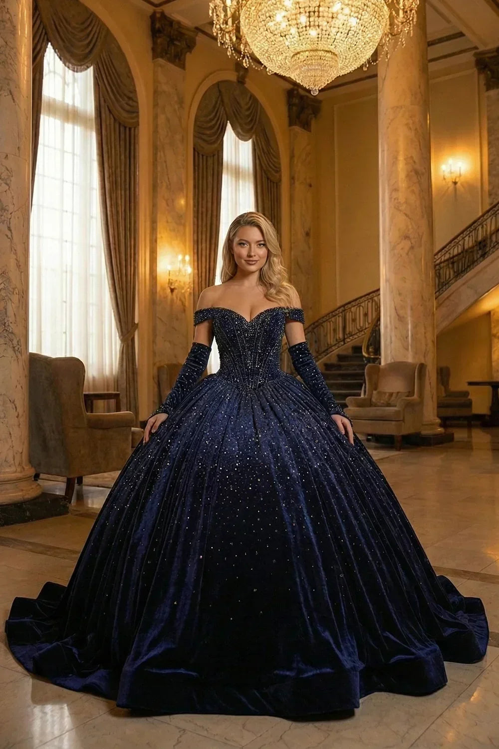 Lucero Luxurious Ball Gown Off-the-shoulder Quinceañera Dress With Glitter & Velvet in Blue - product view
