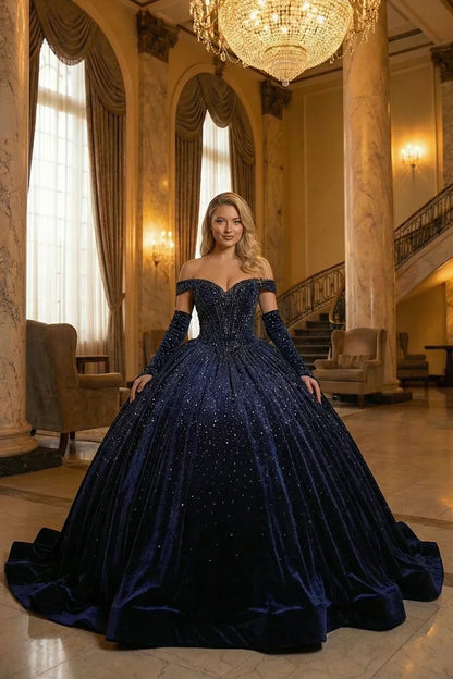 Lucero Luxurious Ball Gown Off-the-shoulder Quinceañera Dress With Glitter & Velvet in Blue - product view