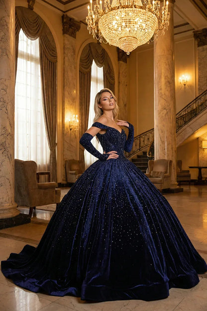 Lucero Luxurious Ball Gown Off-the-shoulder Quinceañera Dress With Glitter & Velvet in Blue - product view
