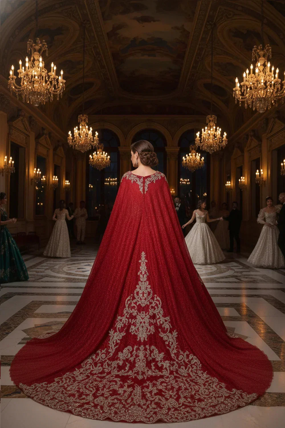 Catalina Luxurious Ball Gown Sweetheart Quinceañera Dress With Cape & Ornate Embroidery in Red - product view