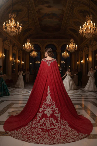 Catalina Luxurious Ball Gown Sweetheart Quinceañera Dress With Cape & Ornate Embroidery in Red - product view