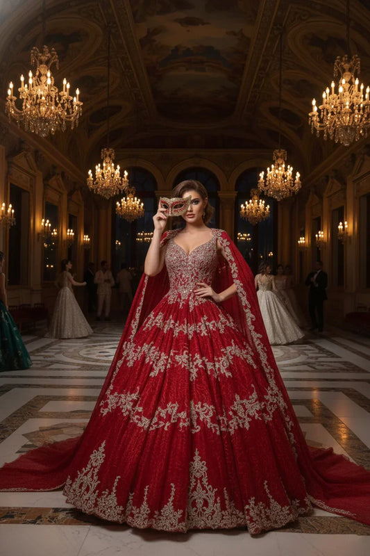 Catalina Luxurious Ball Gown Sweetheart Quinceañera Dress With Cape & Ornate Embroidery in Red - product view