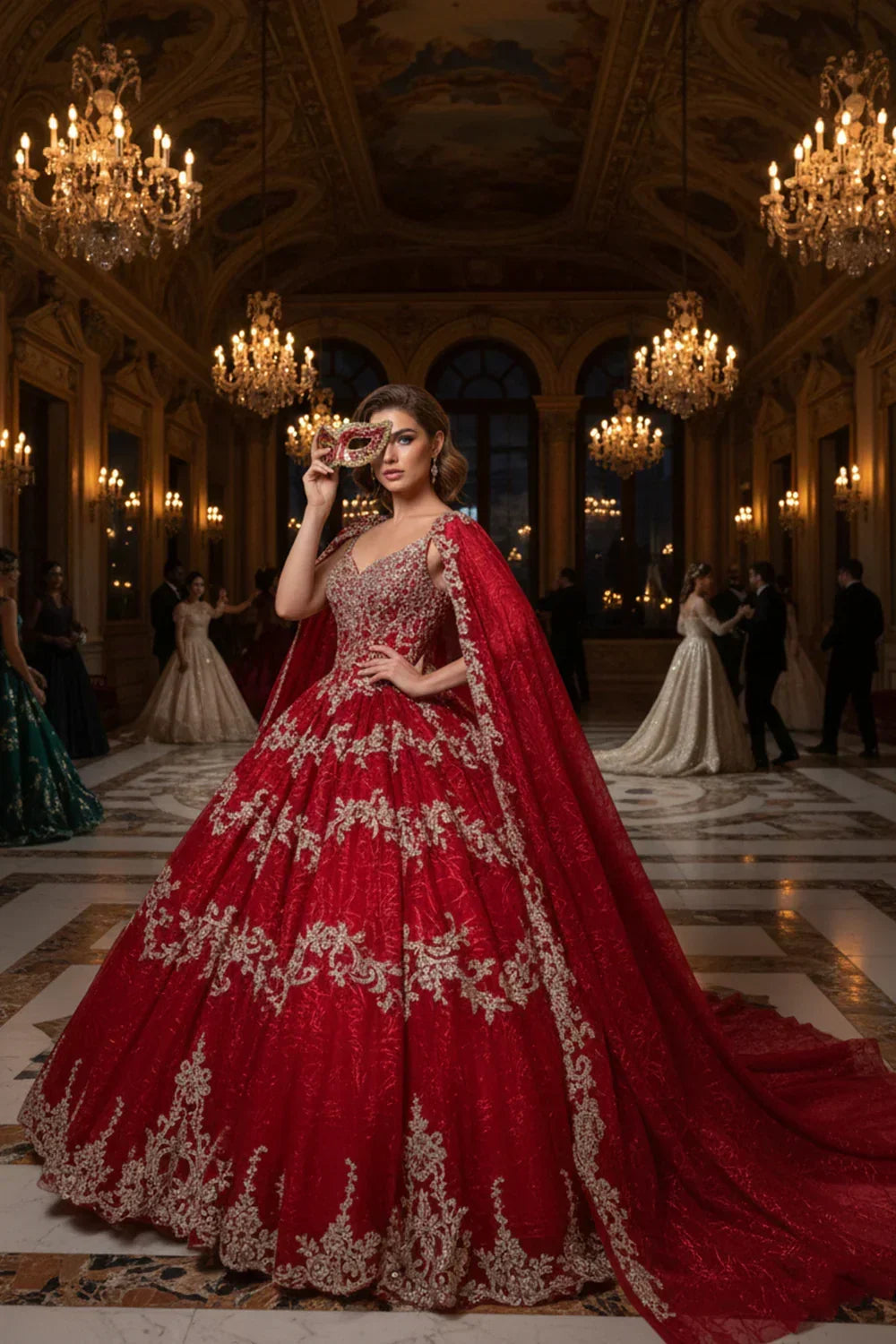 Catalina Luxurious Ball Gown Sweetheart Quinceañera Dress With Cape & Ornate Embroidery in Red - product view