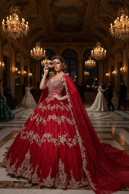 Catalina Luxurious Ball Gown Sweetheart Quinceañera Dress With Cape & Ornate Embroidery in Red - product view
