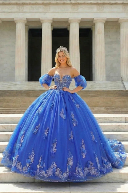 Gabriela Off-Shoulder with Silver Flower Embroidery Quinceañera Dress in Blue - product view