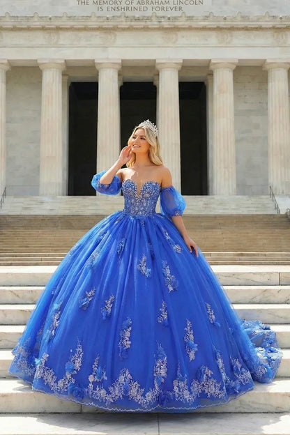 Gabriela Off-Shoulder with Silver Flower Embroidery Quinceañera Dress in Blue - product view