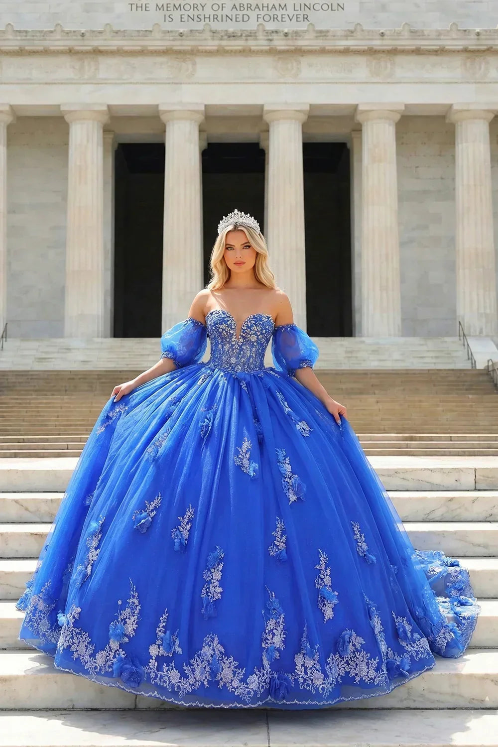 Gabriela Off-Shoulder with Silver Flower Embroidery Quinceañera Dress in Blue - product view
