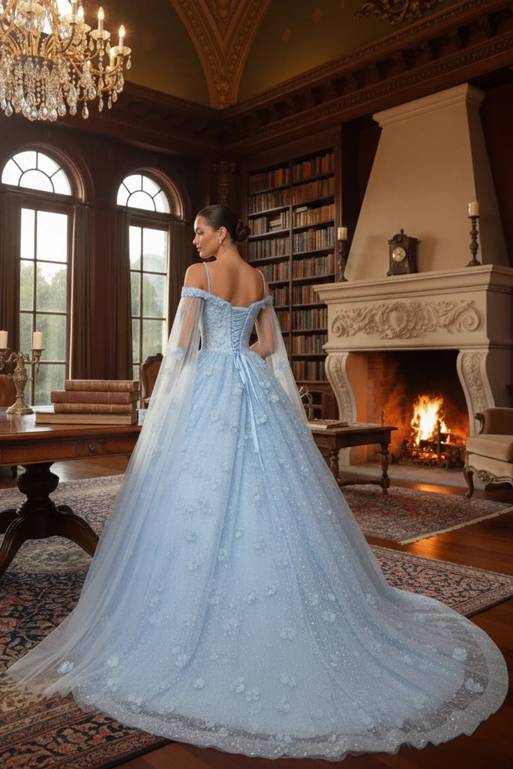 Paloma Sheer Cape Ball Gown Off-the-shoulder Quinceañera Dress With 3D Floral in Blue - product view