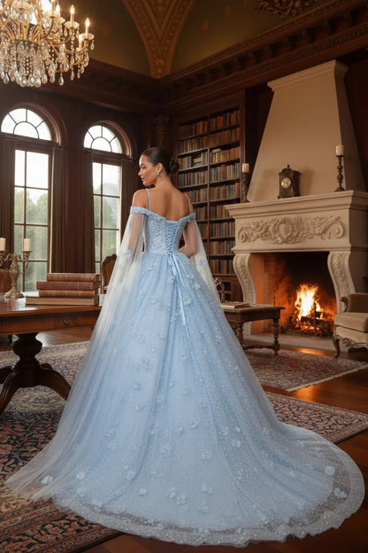 Paloma Sheer Cape Ball Gown Off-the-shoulder Quinceañera Dress With 3D Floral in Blue - product view