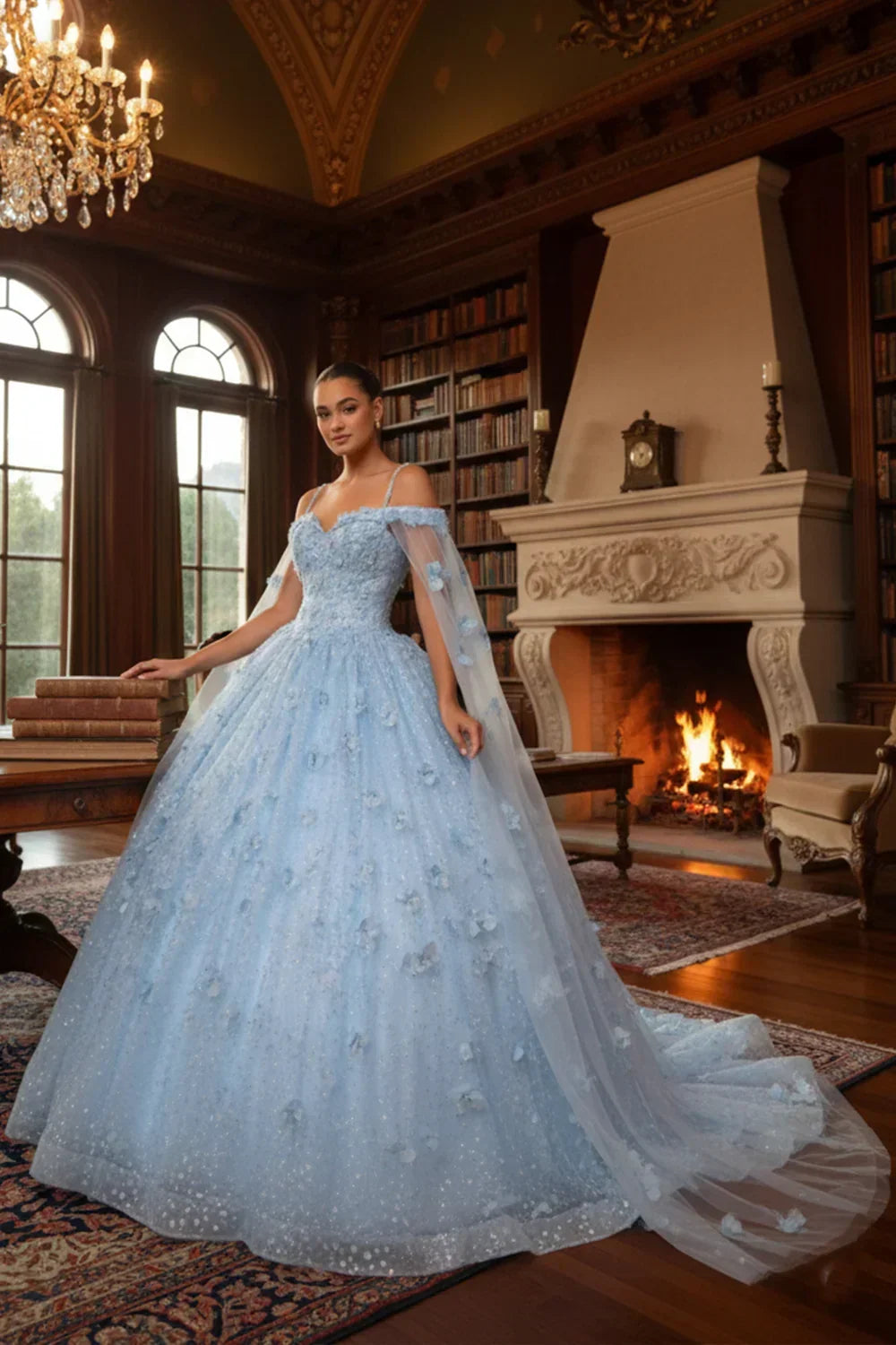 Paloma Sheer Cape Ball Gown Off-the-shoulder Quinceañera Dress With 3D Floral in Blue - product view