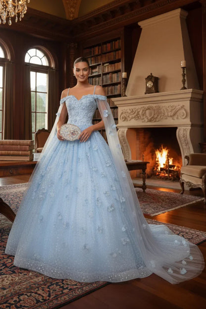 Paloma Sheer Cape Ball Gown Off-the-shoulder Quinceañera Dress With 3D Floral in Blue - product view