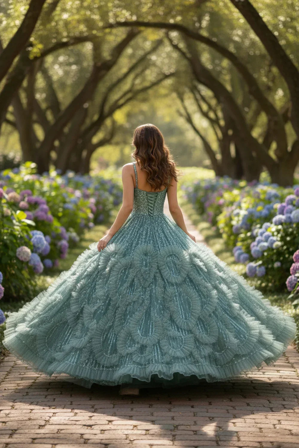 Xiomara Textured Ruffle Ball Gown Spaghetti Strap Quinceañera Dress With Glitter - product view