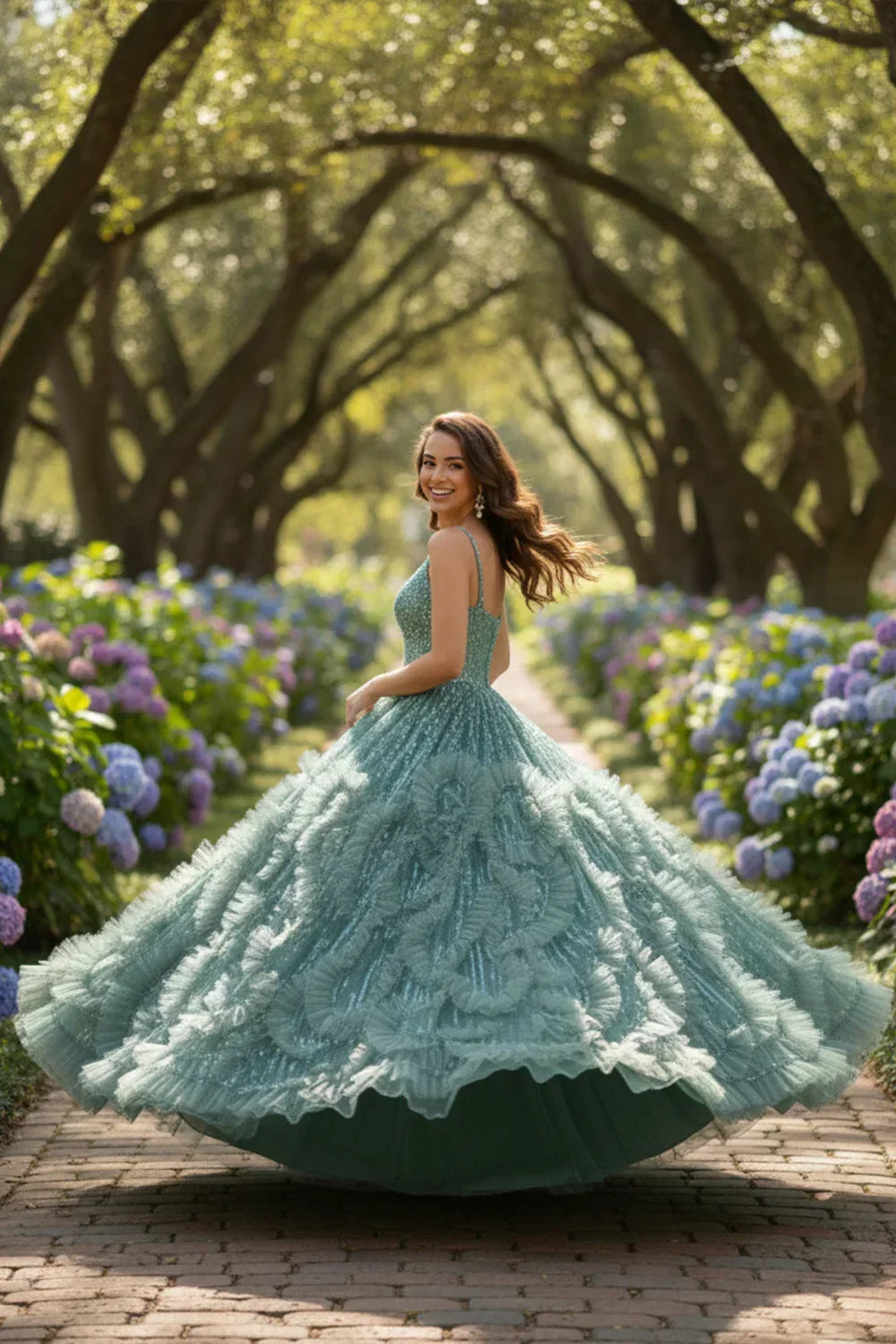 Xiomara Textured Ruffle Ball Gown Spaghetti Strap Quinceañera Dress With Glitter - product view
