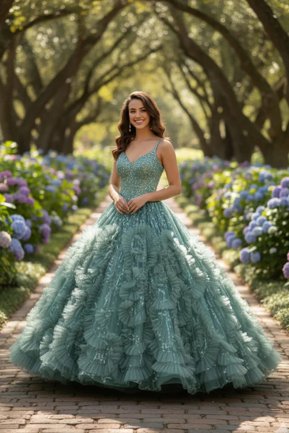 Xiomara Textured Ruffle Ball Gown Spaghetti Strap Quinceañera Dress With Glitter - detail view