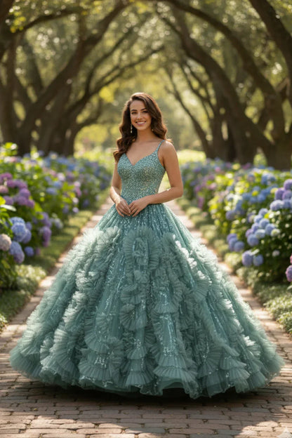 Xiomara Textured Ruffle Ball Gown Spaghetti Strap Quinceañera Dress With Glitter - detail view