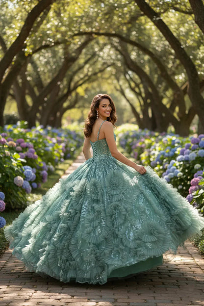 Xiomara Textured Ruffle Ball Gown Spaghetti Strap Quinceañera Dress With Glitter - product view