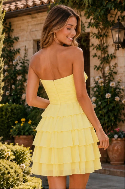 Yellow Strapless Tiered Ruffle A-Line Homecoming Dress in yellow - back view