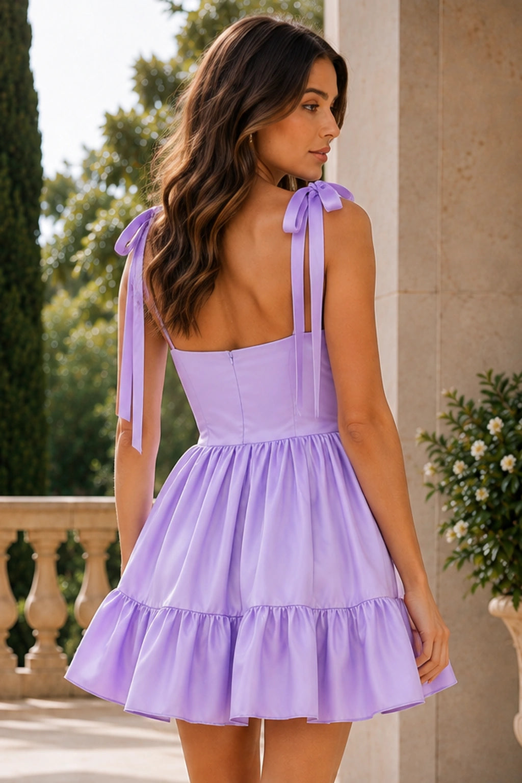 Veda Light Blue Bow-Strap Tiered Mini Homecoming Dress in Light Blue - back view