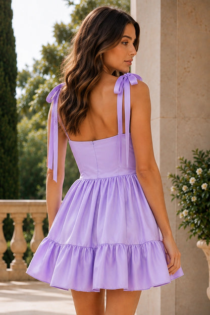 Veda Light Blue Bow-Strap Tiered Mini Homecoming Dress in Light Blue - back view
