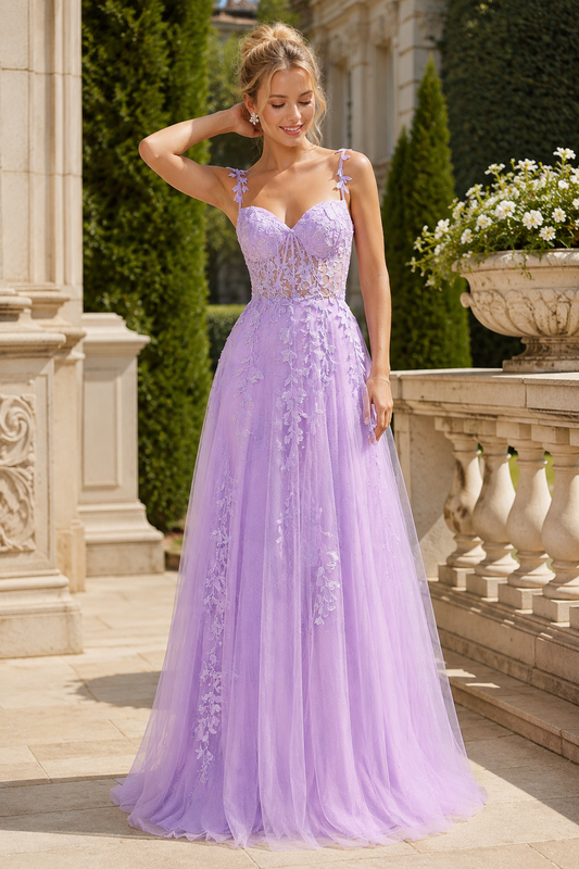 Estnette A Line V Neck Sleeveless Sweep Train Tulle Prom Dress - front view