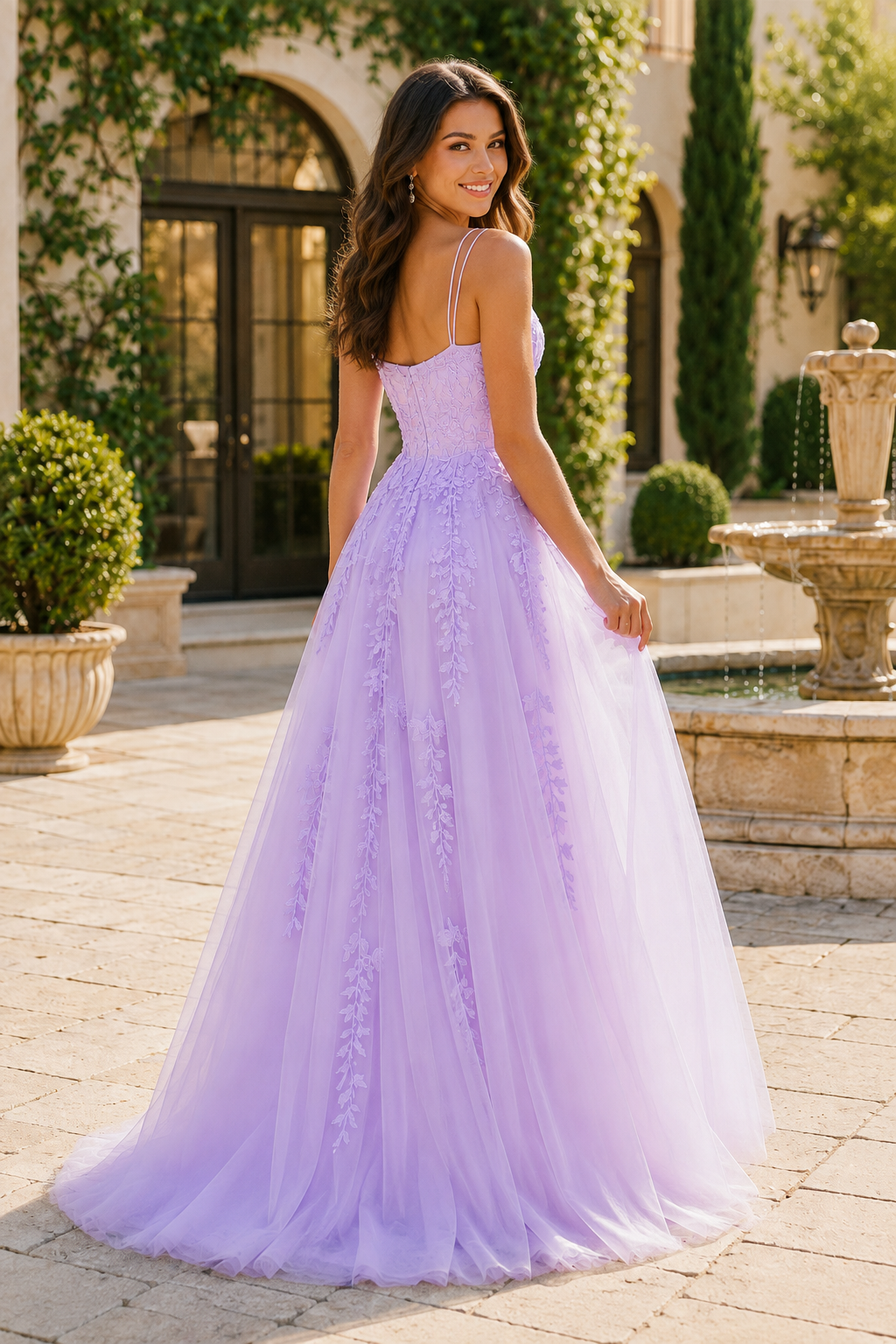 A Line Square Neckline Sleeveless Sweep Train Tulle Prom Dress back view
